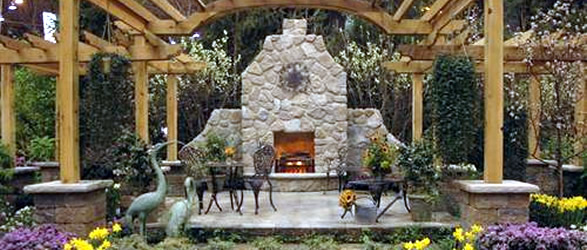 Patio with fireplace